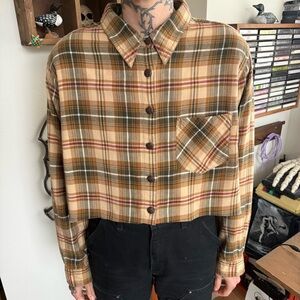 Vintage 90s Cropped Earthy Tan Plaid Cotton Flannel Fashion Bug ~ Size XXL